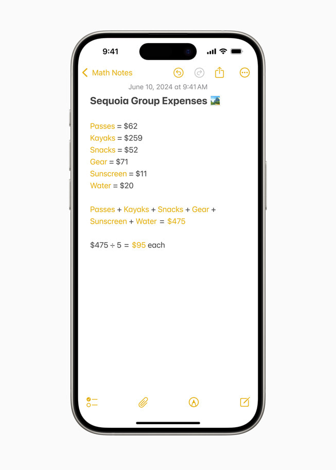 iPhone 15 Pro แสดงการคำนวณ "Sequoia Group Expenses" ใน Math Notes