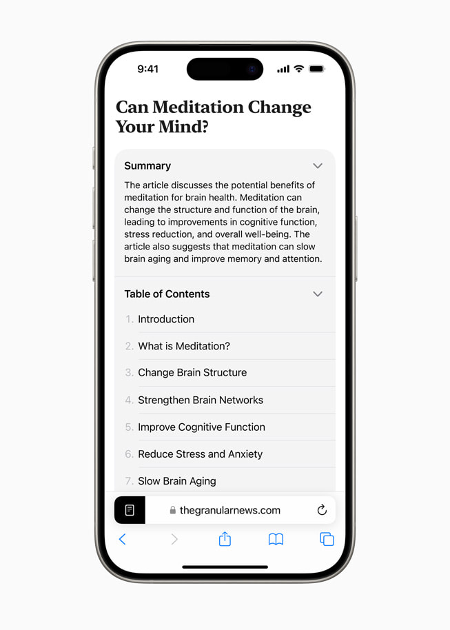iPhone 15 Pro viser en artikel med titlen “Can Meditation Change Your Mind” med et resumé og en indholdsfortegnelse. 