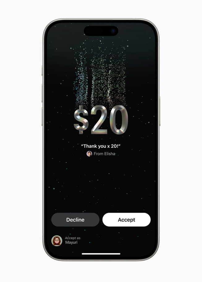 iPhone 15 Pro يعرض معاملة باستخدام ميزة Tap to Cash بقيمة 20 دولاراً مع وجود زرين على الشاشة أسفلها مكتوب على أحدهما "رفض" والآخر "قبول".