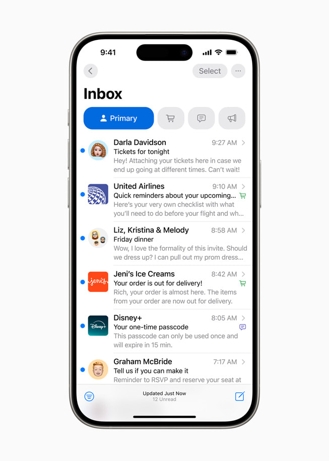 iPhone 15 Pro’da iCloud Mail’deki yeni Birincil gelen kutusu gösteriliyor.