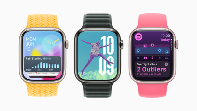 Üç Apple Watch Series 9’da watchOS 11’deki yeni özellikler gösteriliyor.