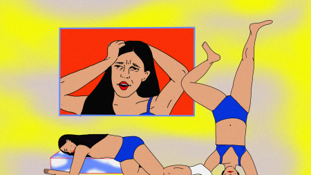 An illustration of a performance artist in three different poses: grimacing, sleeping, and doing a headstand.