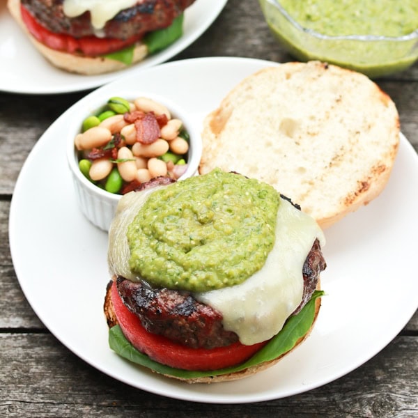 Salsa Verde Burger with Fontina Watermelon and Basil