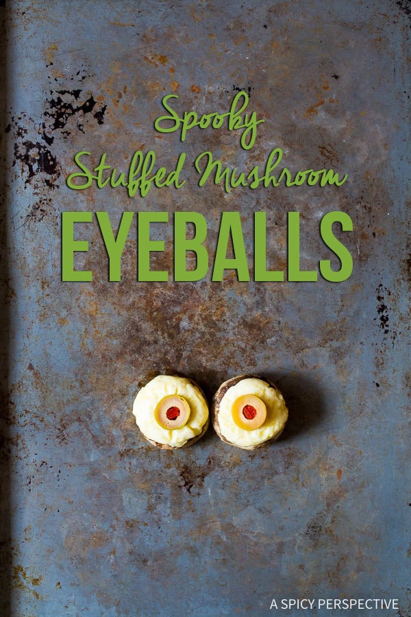 We love these Spooky 5-ingredient Stuffed Mushroom Eyeballs for Halloween on ASpicyPerspective.com 