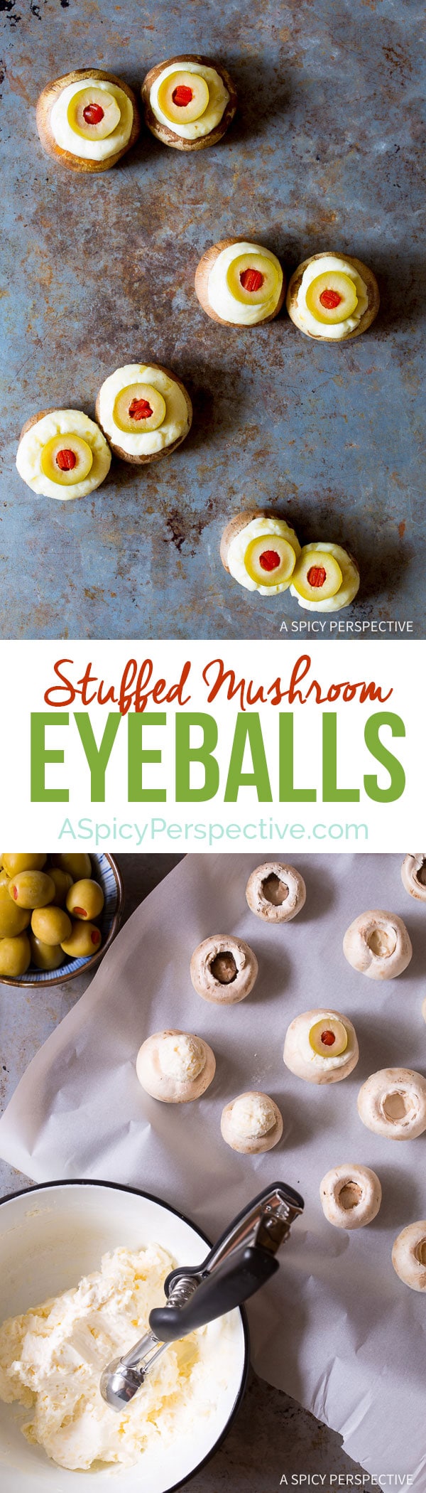 Spooky 5-ingredient Stuffed Mushroom Eyeballs for Halloween on ASpicyPerspective.com 