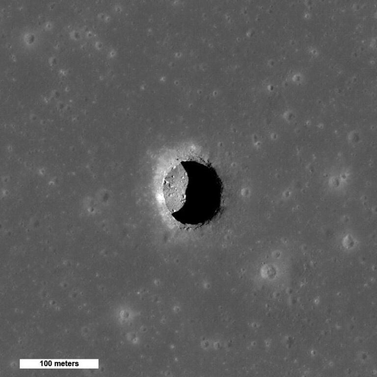 The Mare Tranquillitatis skylight spans 65 meters and clearly shows the rubble strewn floor 120 feet (36 meters) below the surface. Credit: Arizona State University.