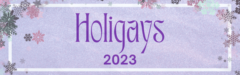 a retro purple holiday card banner that says HOLIGAYS 2023 with a white border and purple, blue, and teal snowflakes