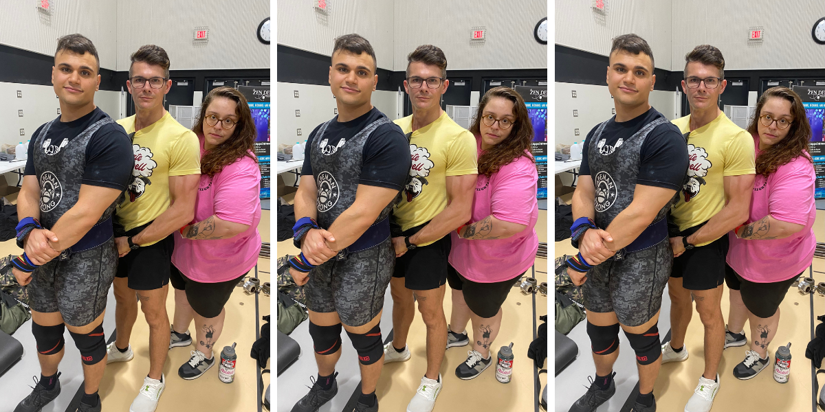 The author's strength coach Vinny, the author's friend Brendan, and the author Stef Rubino at the gym posing