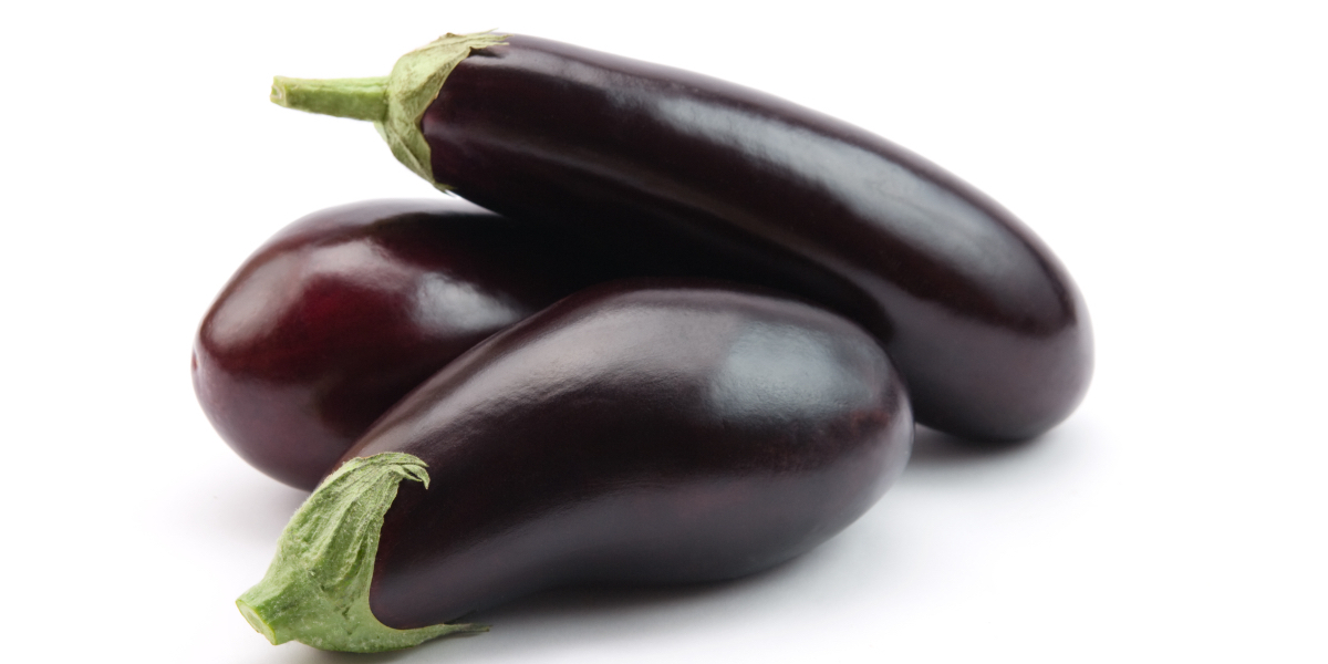 Three plump eggplants against a white background