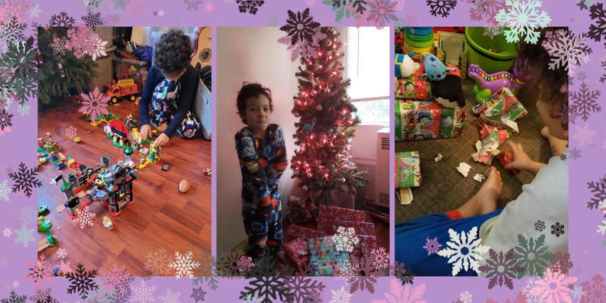 1. a young kid playing with LEGOs on Christmas 2. a young kid standing in front of a Christmas tree 3. a young kid opening Christmas gifts