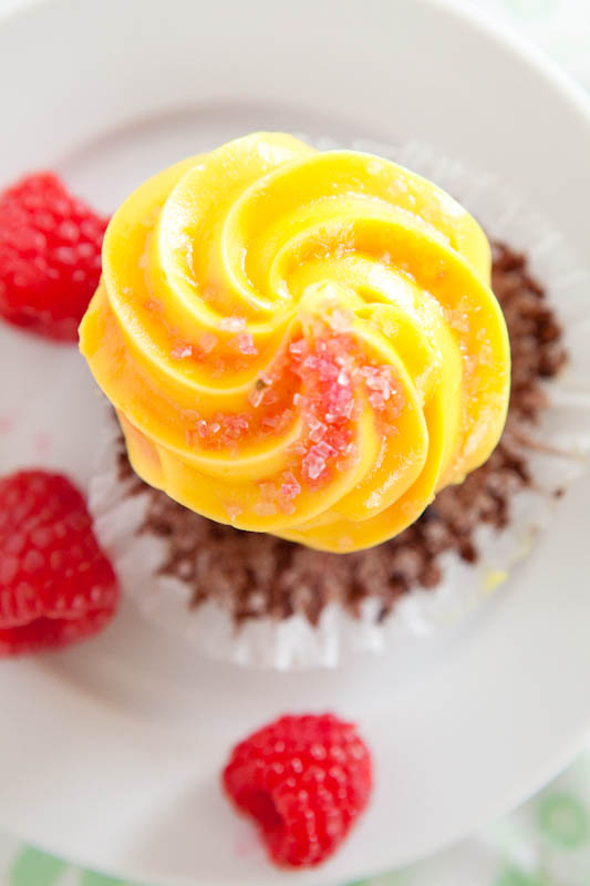 Close up of frosted cupcake on plate overhead