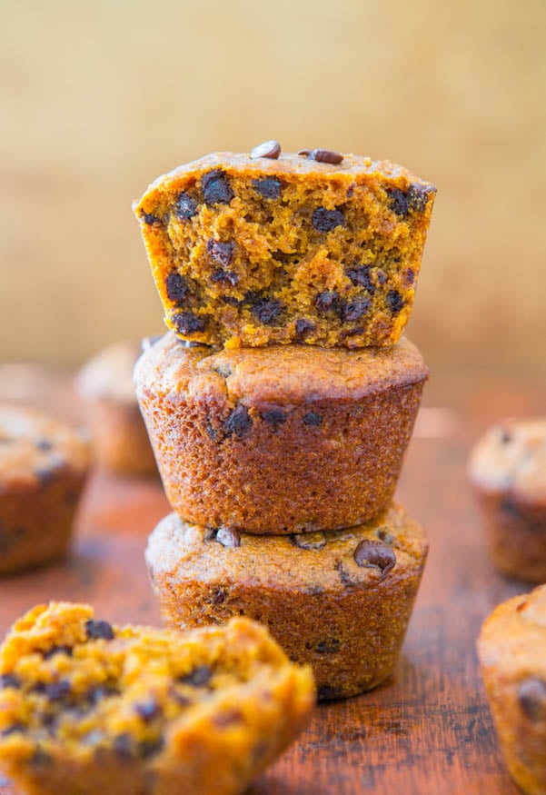 Vegan Chocolate Chip Pumpkin Muffins - You'll never miss the eggs or butter! Easy, soft, fluffy and the best pumpkin muffins ever!