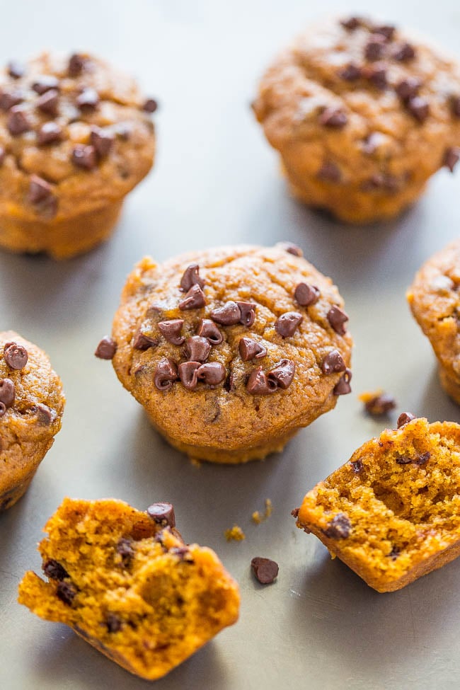 Mini Pumpkin Chocolate Chip Muffins — Easy, no mixer recipe for the SOFTEST, moistest, most ADORABLE little muffins ever!! Rich PUMPKIN flavor and CHOCOLATE in every bite!!