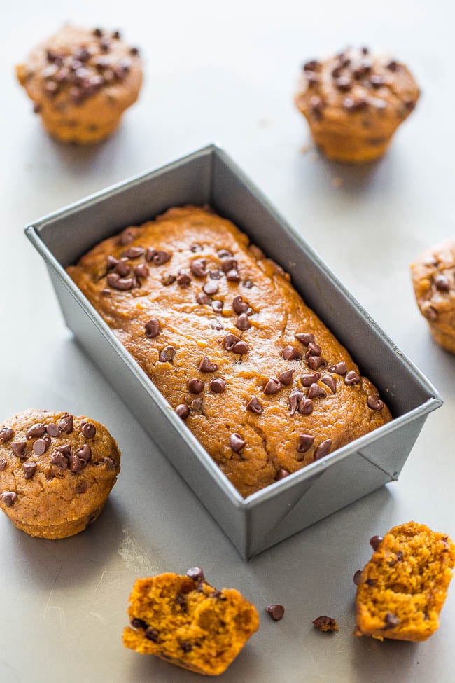 Mini Pumpkin Chocolate Chip Muffins — Easy, no mixer recipe for the SOFTEST, moistest, most ADORABLE little muffins ever!! Rich PUMPKIN flavor and CHOCOLATE in every bite!!