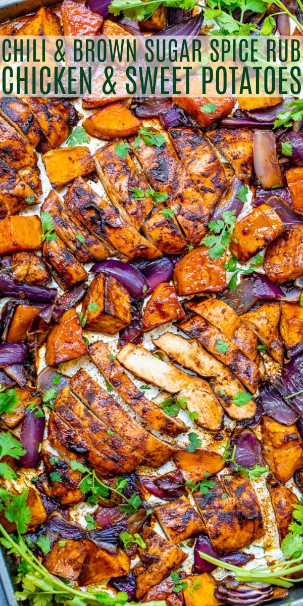 Spiced Brown Sugar Chicken and Sweet Potatoes — An EASY sheet pan meal that's ready in 30 minutes and loaded with layers of flavors from the spice rub, which features a mixture of chili powder, brown sugar, cumin, and more!!