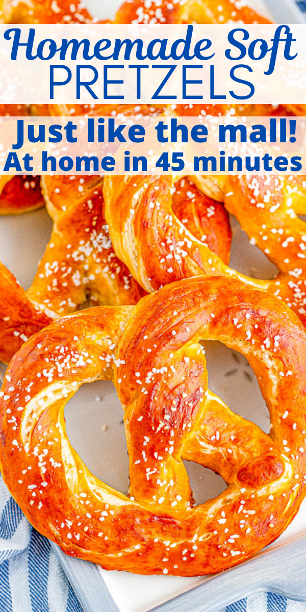 Homemade Soft Pretzels - These jumbo pretzels are soft, chewy, and just like the IRRESISTIBLE ones at your local mall's food court! Skip the mall and make these at home in ONE HOUR with this EASY to follow recipe and step-by-step photos! Whether you want to sprinkle them with coarse salt or cinnamon-sugar, these carby delights will be an automatic family FAVORITE! 