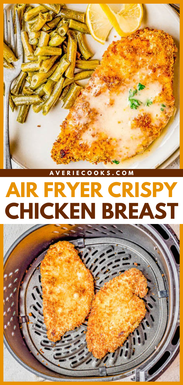 Air Fryer Breaded Chicken Breasts — Learn how to make perfectly "fried" chicken in your air fryer! Deliciously crispy on the outside while staying juicy, tender, and moist on the interior. This is the BEST guiltless fried chicken! EASY, ready in 15 minutes, and perfect for busy weeknights when you need to get dinner on the table FAST!