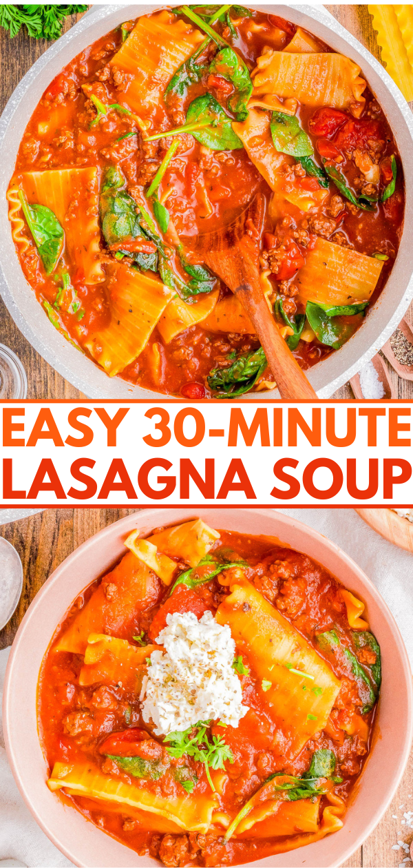 Lasagna Soup with Ground Beef - Ready in 30 minutes and made in one pot, this EASY lasagna soup is the perfect, hearty, comfort food recipe! Big chunks of ground beef, tender noodles, a tomato-based broth, and topped with a three-cheese mixture of ricotta, mozzarella, and Parmesan! If you like lasagna, you're going to LOVE this soup version of the Italian classic!