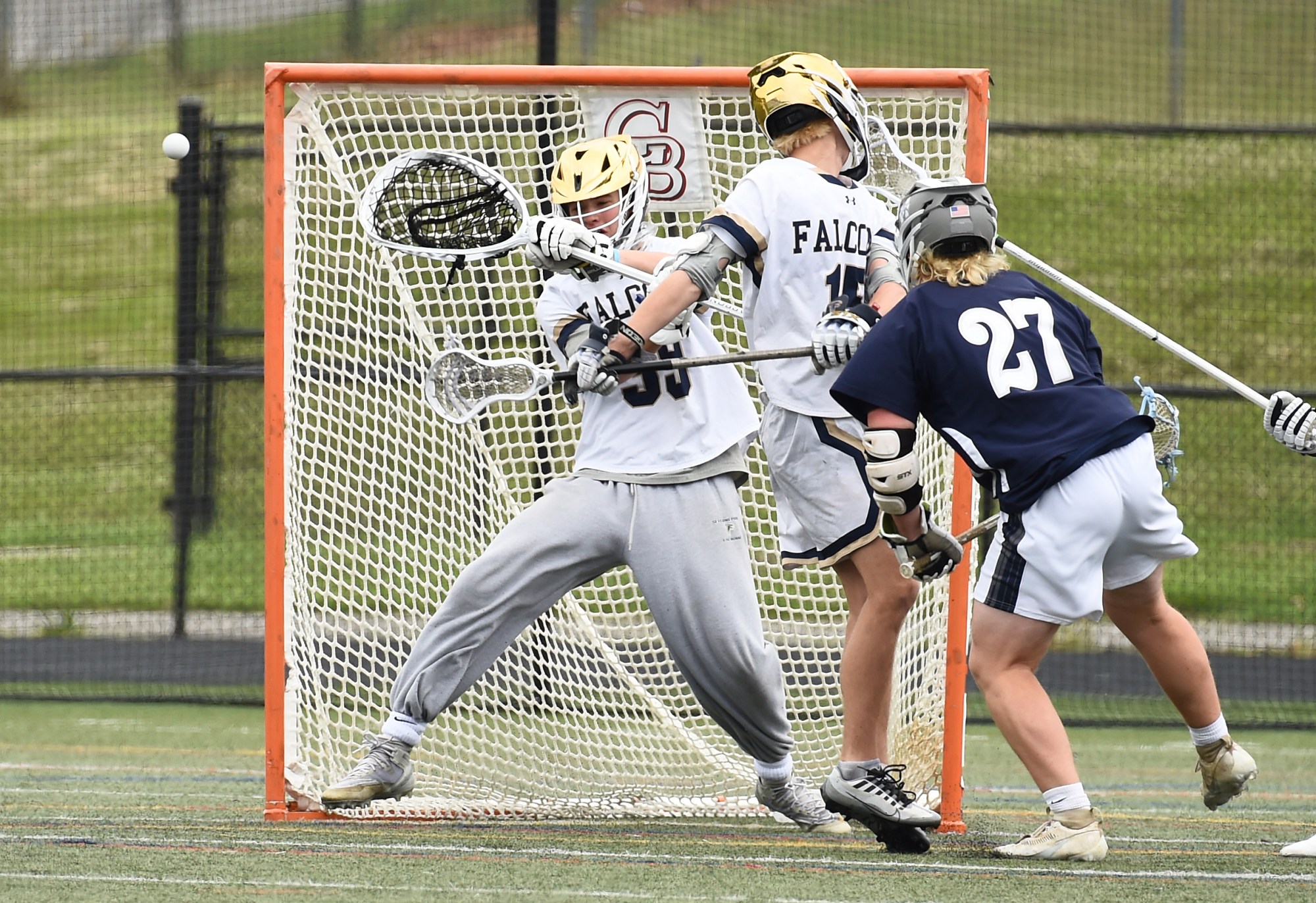 Severna Park goal keeper Calvin Winship makes a save in the first quarter. The Severna Park Falcons defeated the Marriotts Ridge Mustangs, 10-7, in a MPSSAA 3A boys lacrosse semifinal at Glen Burnie High School. (Paul W. Gillespie/Staff photo)