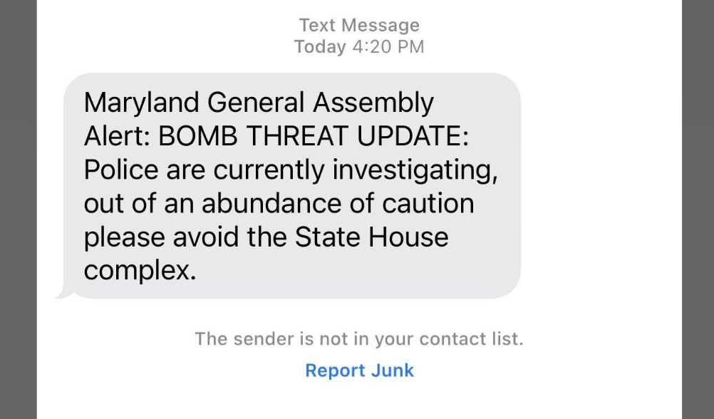 Text message sent to State House employees about Tuesday's bomb threat.