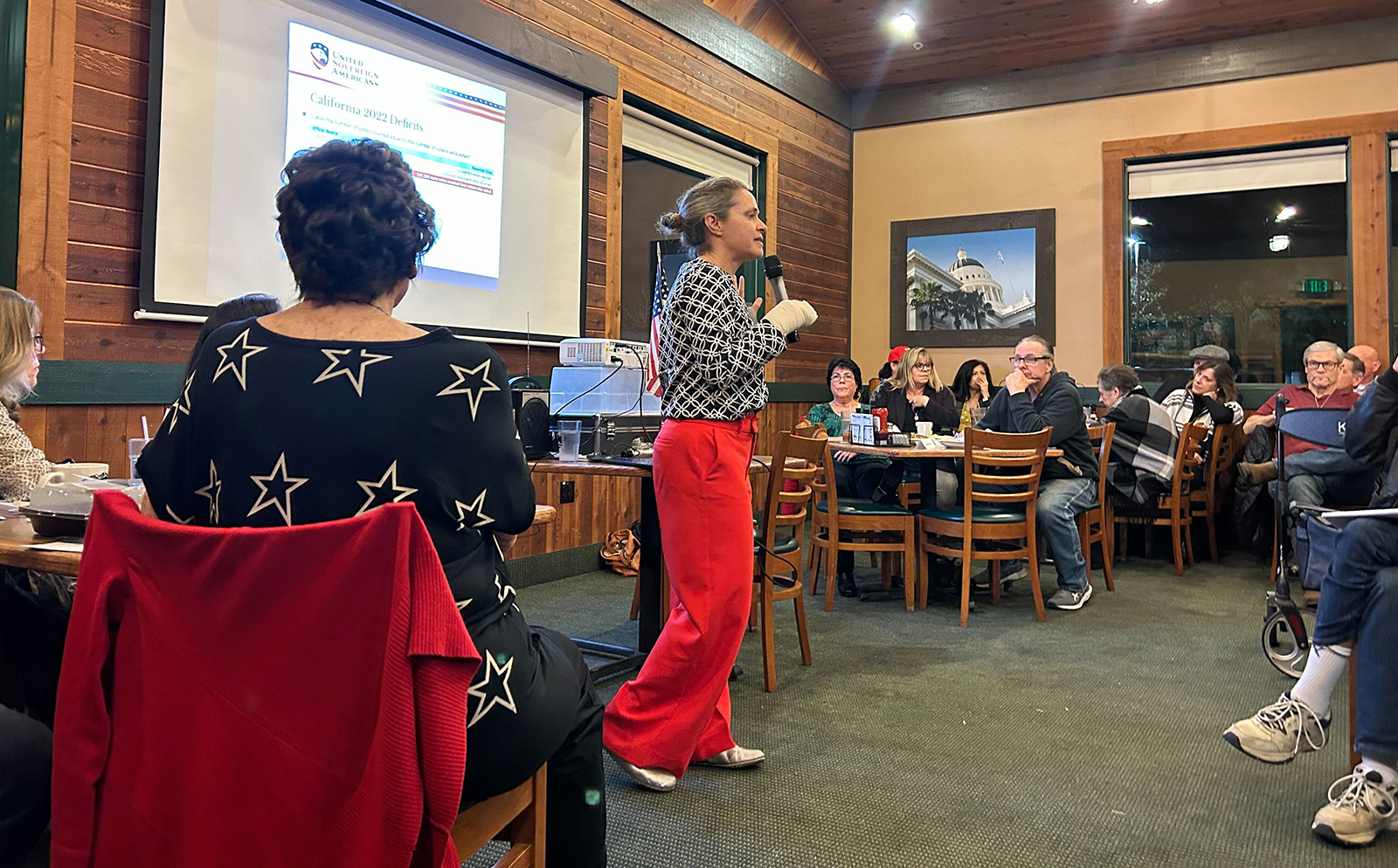 Marly Hornik, co-founder of United Sovereign Americans, speaks at a Sacramento diner in February 2024. (Mackenzie Mays/Los Angeles Times/TNS)