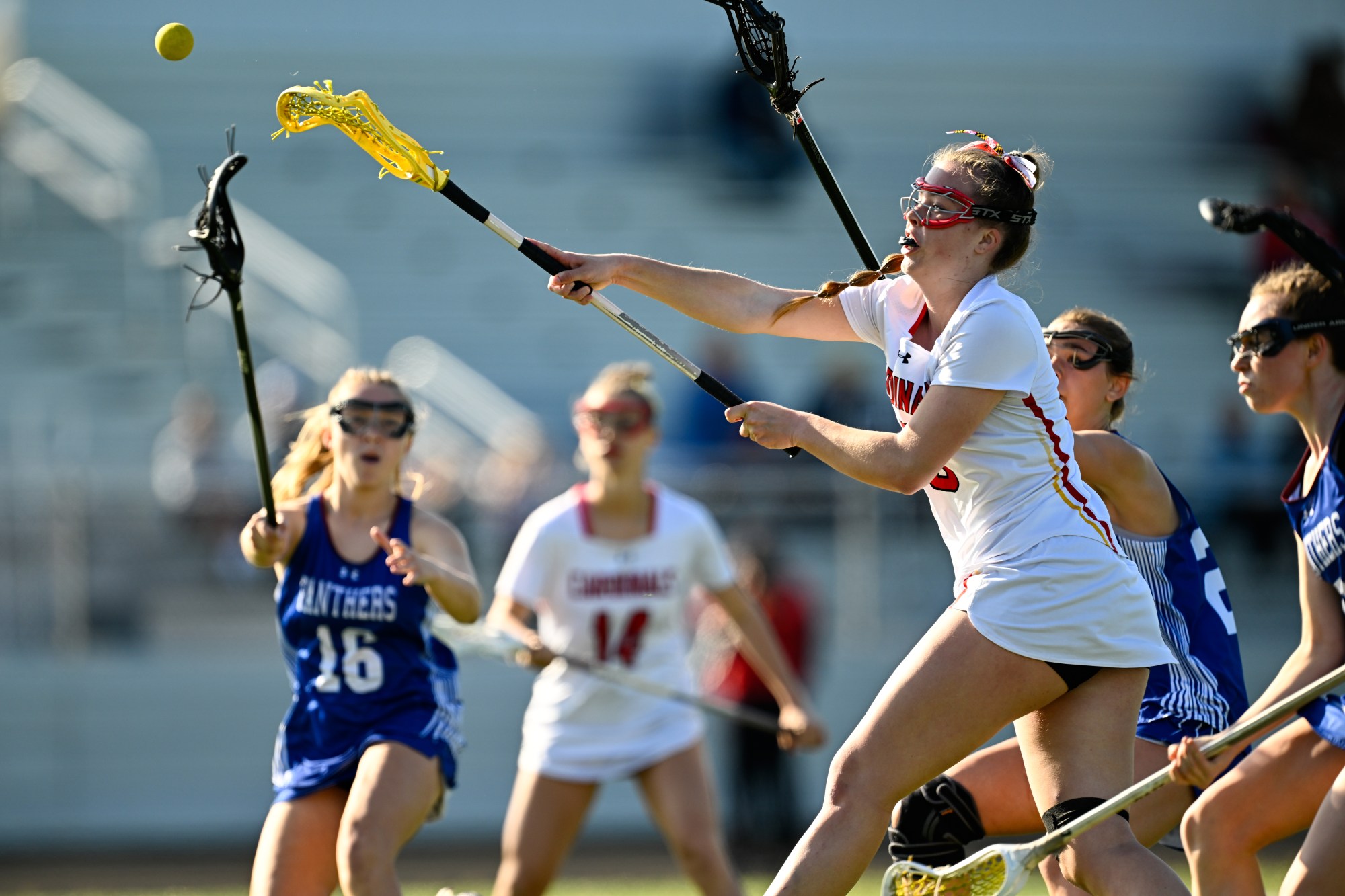 Crofton's Kylie Corcoran shoots the ball and scores a goal on an 8-meter free shot during the first half of a high school lacrosse game against Annapolis, in Crofton. (Terrance Williams/Freelance)