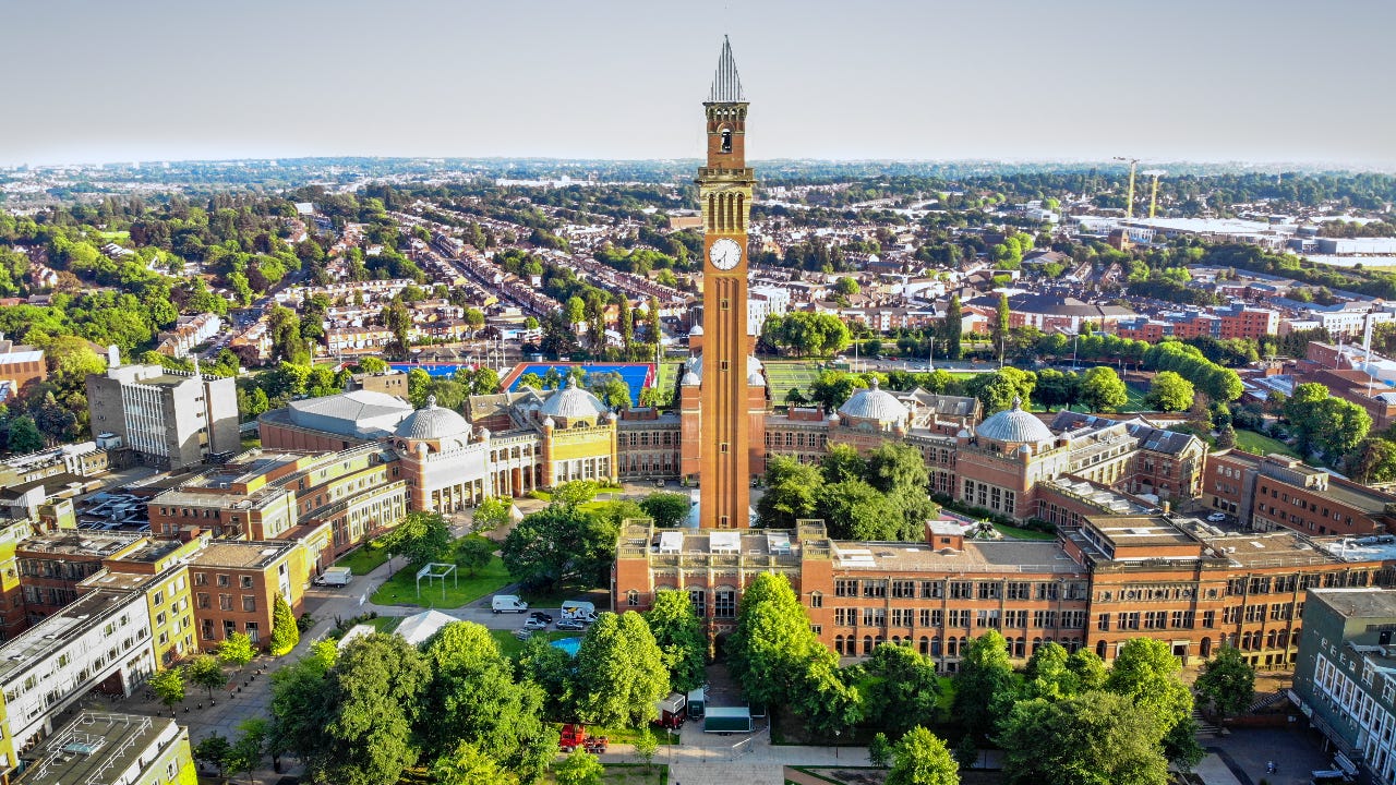 An aerial photo of a college campus