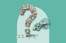 Illustrated graphic design featuring several money bills forming the shape of a question mark