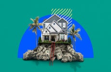 Illustrated collage featuring a house on a hill made of money