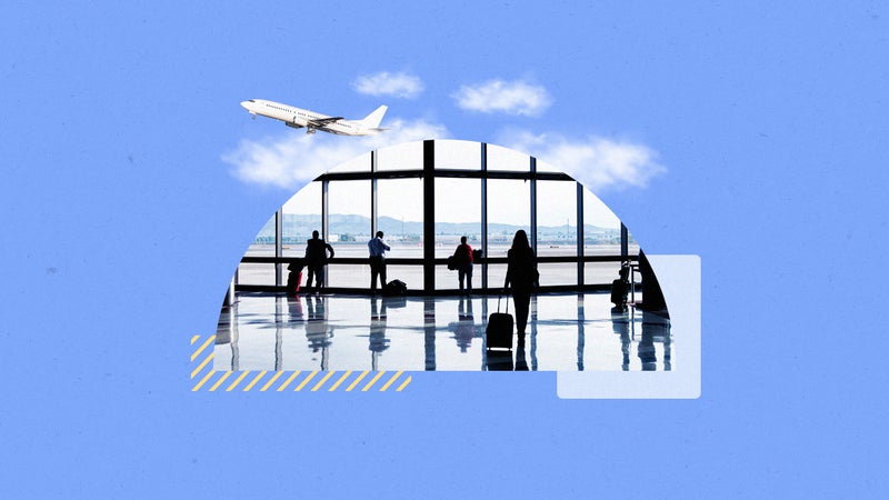 design image including silhouettes of passengers waiting at an airport in front of window