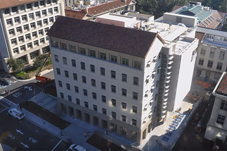 View of a large building with street below