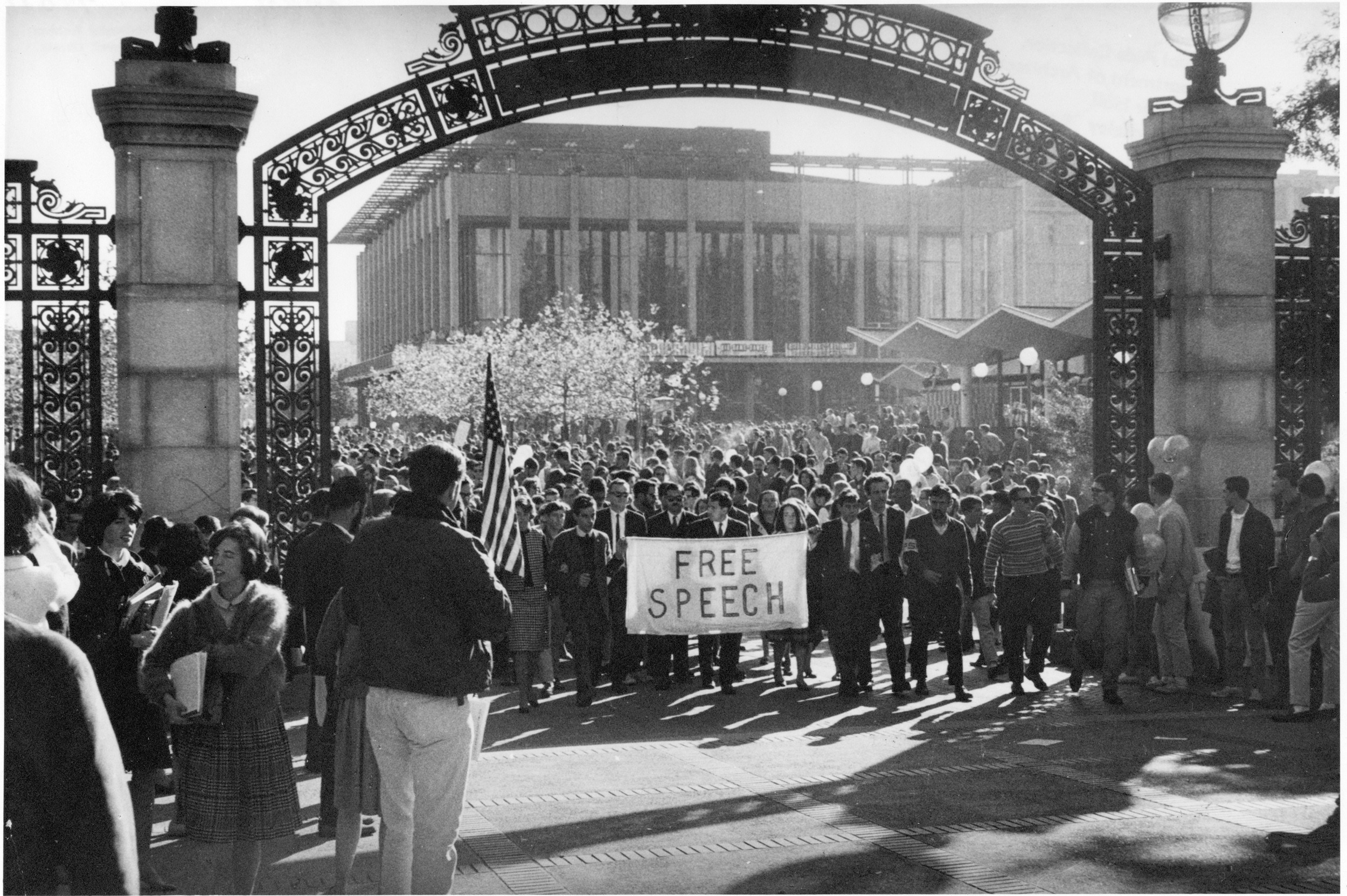 Free Speech Movement sign under Sather Gate.