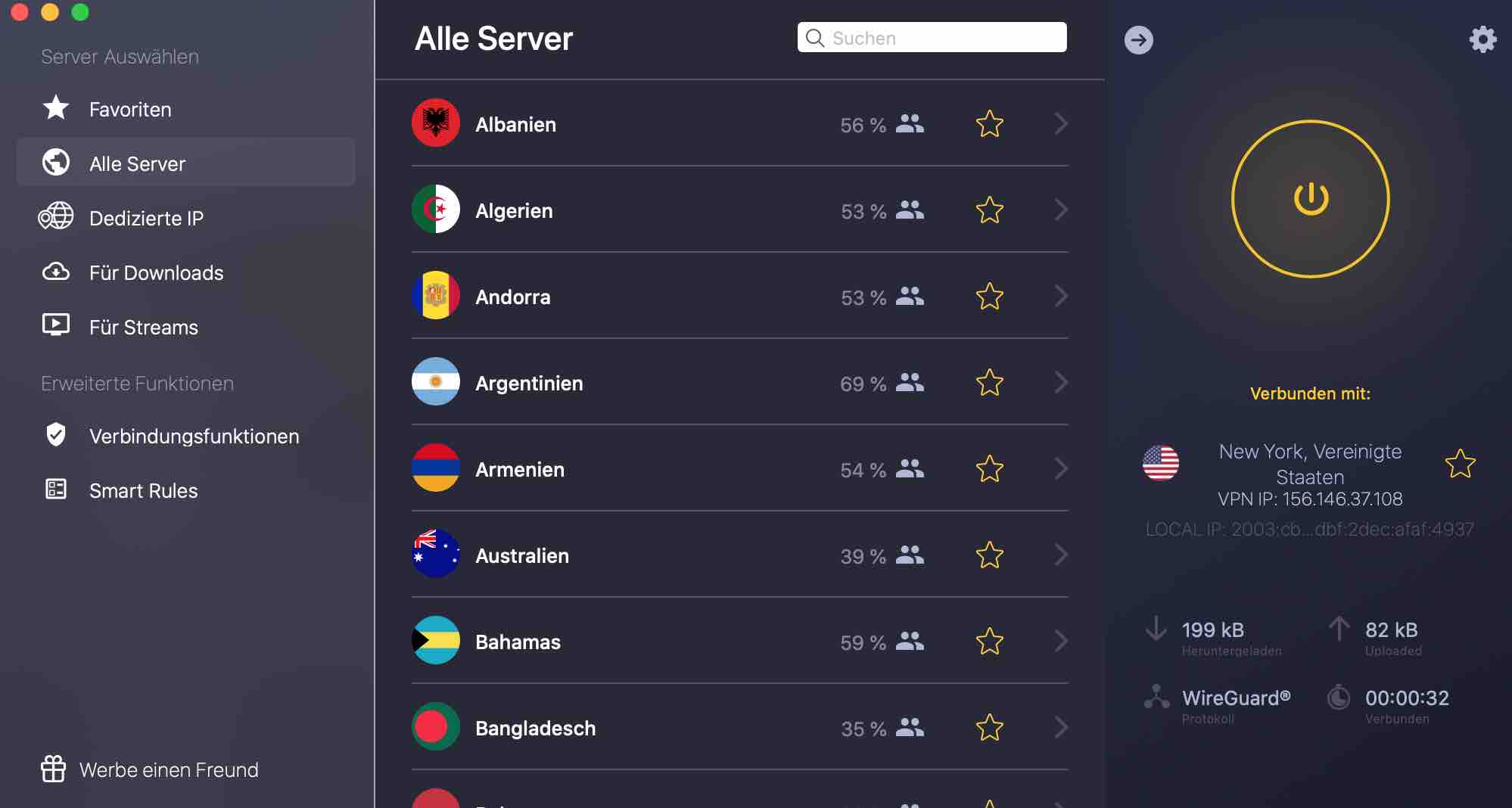 Auswahl der verfügbaren VPN-Server