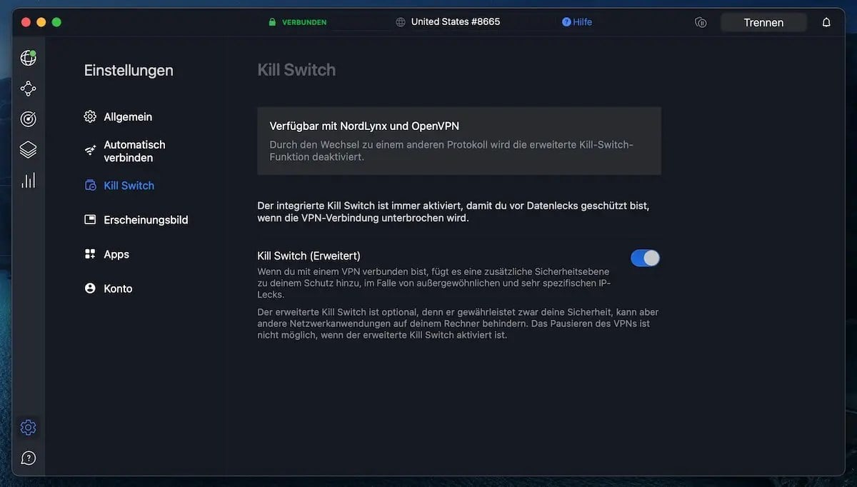 Screenshot der NordVPN Kill Switch Funktion in der App