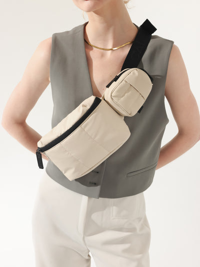 CALPAK Luka Mini Belt Bag with soft water-resistant exterior in oatmeal; BBM2201-OATMEAL view 2