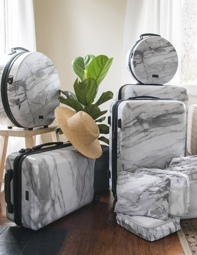 3 piece CALPAK Astyll hard shell white marble matching luggage set with built in TSA locks; LAT3000-MILK-MARBLE view 2