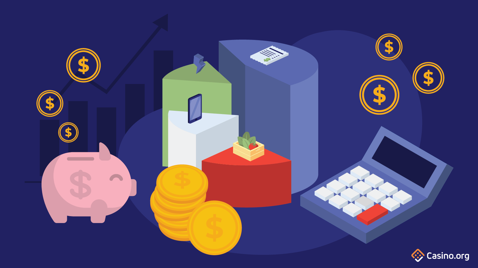 Image of piggy bank, pie chart and calculator to show finance management.