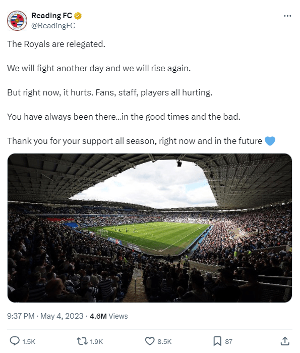 ReadingFC Twitter post about relegation 