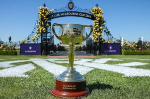 The 2022 Melbourne Cup Trophy in front of the entrance to the race