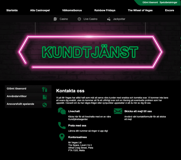 mrvegas casino kundtjänst