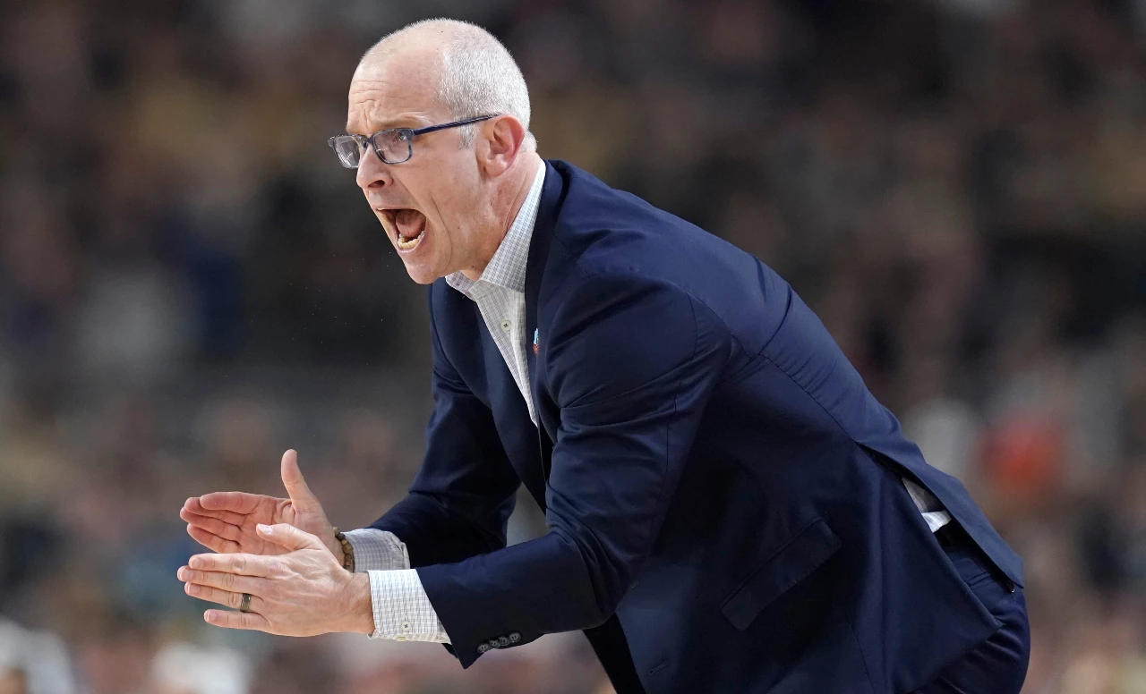 Connecticut Huskies head coach Dan Hurley yells down court during the NCAA Men’s Basketball Tournament Championship against the Purdue Boilermakers, Monday, April 8, 2024, at State Farm Stadium in Glendale, Ariz.
