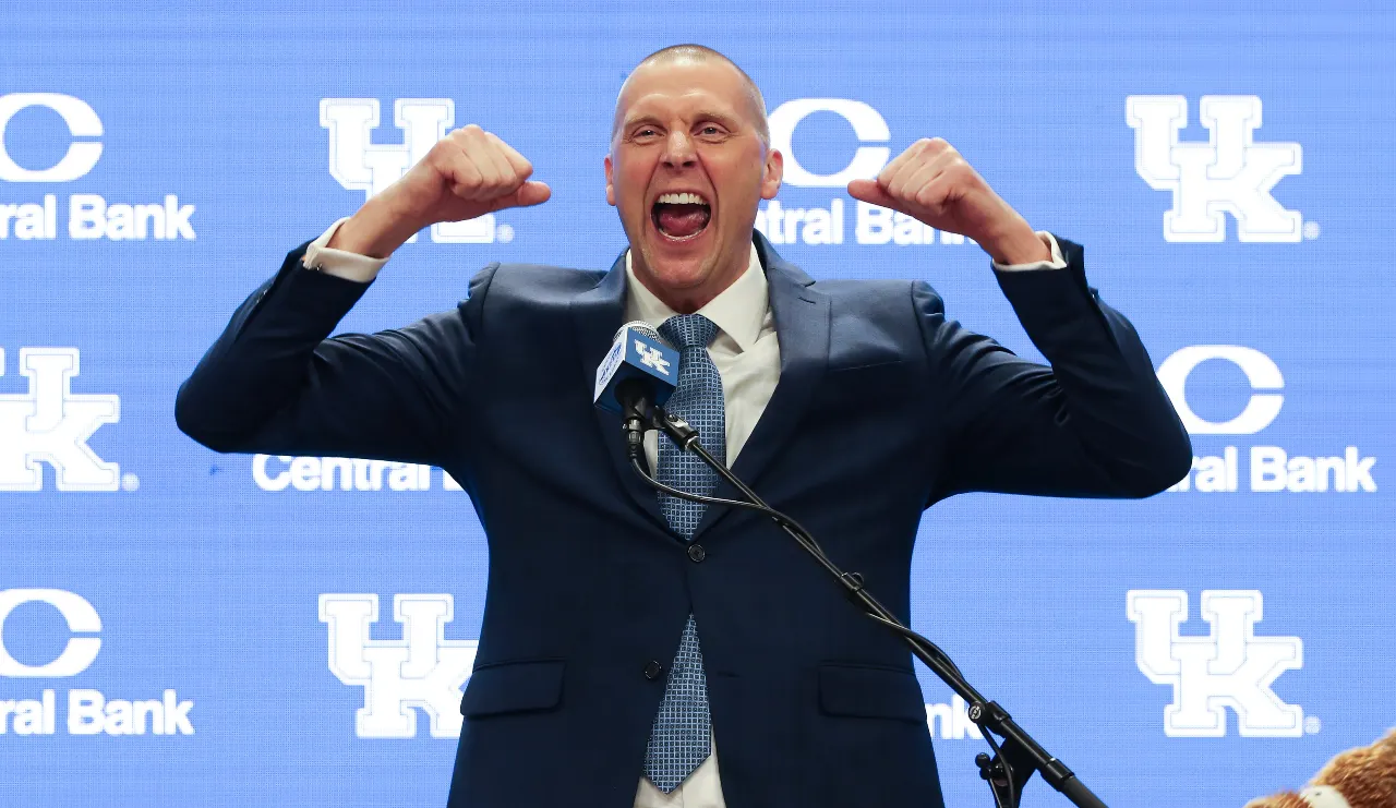 Former Kentucky basketball player and new head coach Mark Pope was animated during his announcement at Rupp Arena in Lexington Ky