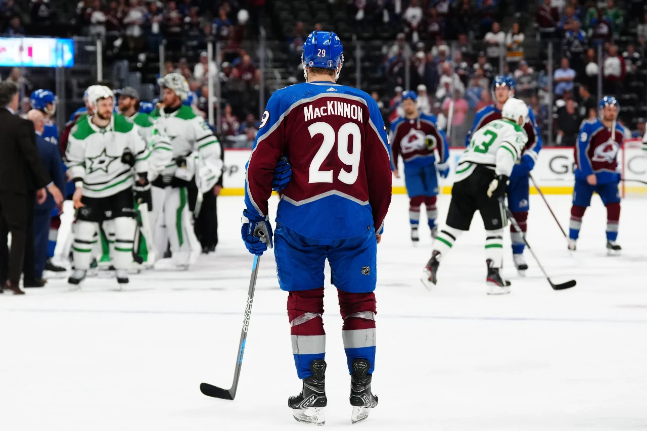 Colorado Avalanche center Nathan MacKinnon (29) looks on following the double overtime period loss against the Dallas Stars in game six of the second round of the 2024 Stanley Cup Playoffs at Ball Arena.