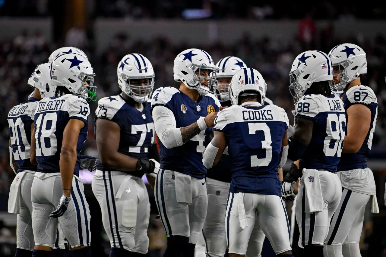 Dallas Cowboys running back Tony Pollard (20) and wide receiver Jalen Tolbert (18) and quarterback Dak Prescott (4) and wide receiver Brandin Cooks (3) and wide receiver CeeDee Lamb (88) and tight end Jake Ferguson (87) during the game between the Dallas Cowboys and the Washington Commanders at AT&T Stadium.