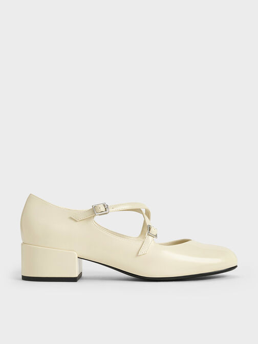 Patent Crossover-Strap Block-Heel Mary Janes, Chalk, hi-res