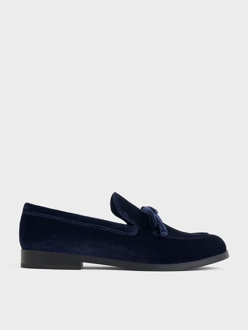 Velvet Bow Loafers, Dark Blue, hi-res