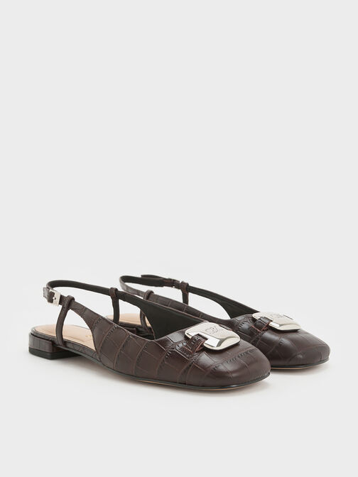 Croc-Effect Leather Metallic-Accent Slingback Flats, Dark Brown, hi-res