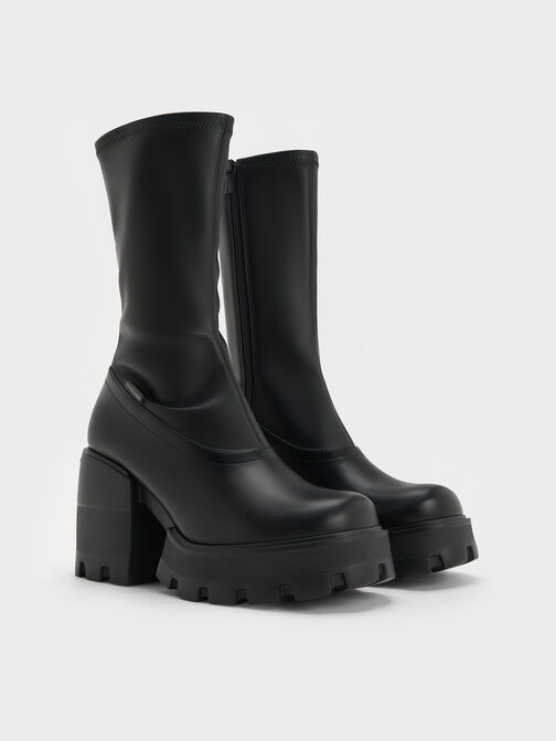 Side-Zip Platform Calf Boots, Black, hi-res