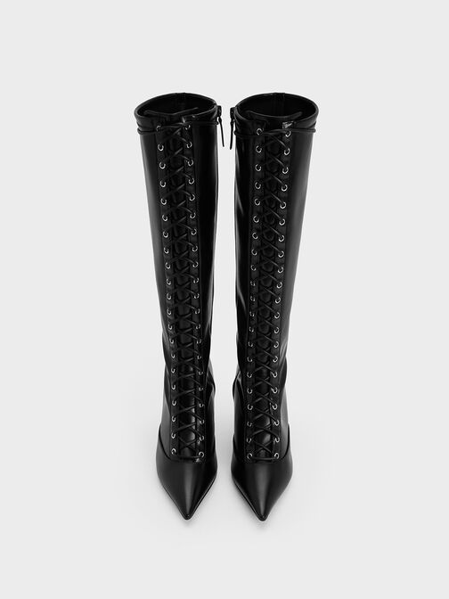 Lace-Up Pointed-Toe Knee-High Boots, Black, hi-res