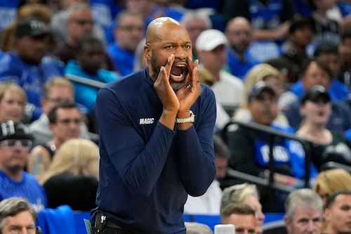 Orlando Magic head coach Jamahl Mosley shouts to his players during the first half of Game 4 of an NBA basketball first-round playoff series against the Cleveland Cavaliers, Saturday, April 27, 2024, in Orlando, Fla. (AP Photo/John Raoux)